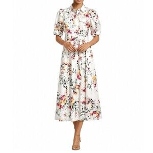 Calvin Klein Midi Shirt Dress Size 8 Cotton Floral Garden Tie Belt Puff Sleeves